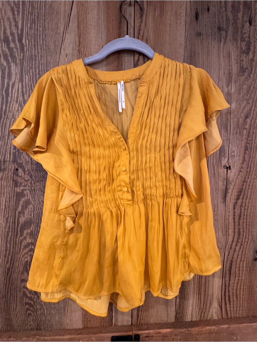Anthropologie Mustard Pintuck V-Neck Ruffle Sleeve Blouse